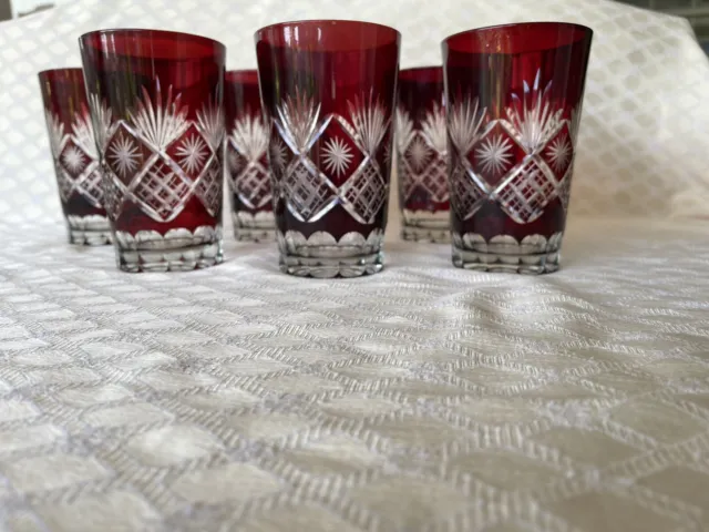 Set of 6 Beautiful, Red Cut-to-Clear Bohemian 16oz water Glasses