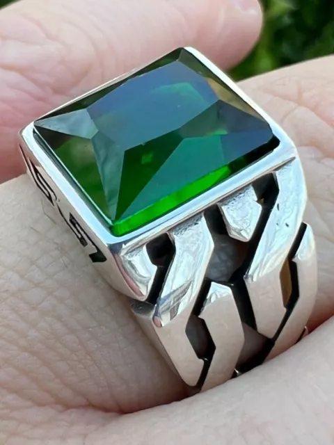 Mens Real Solid 925 Sterling Silver Green Stone Big Gem Stone Ring Pinky Signet
