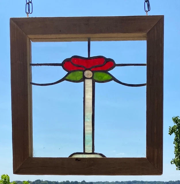 Framed Stained Glass Window Red/Green Flower/Light Blue Fade