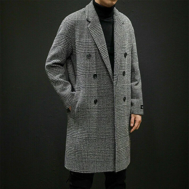 Men Long Trench Coat Double Breasted Coat Outwear Woolen Jacket Casual Overcoat