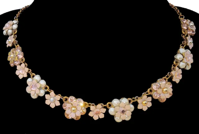 Michal Negrin Necklace Pearl Peach Crystal Flowers Chain Victorian Swarovski Bib