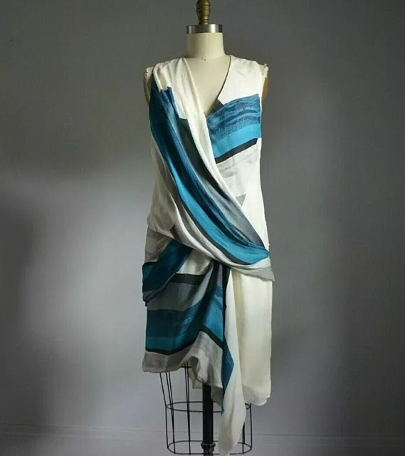 HELMUT LANG TISSUE 100% SILK IVORY & TEALDRAPED SLEEVELESS DRESS w/ SILK LINING