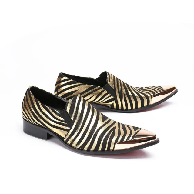 Men's Leisure Leather Flats Shoes Metal Toe Slip on Boat Shoes Zebra Pattern