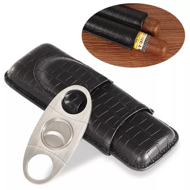 Portable Leather Travel Cigar Case Box Humidor 2 Tubes Holder With Cigar Cutter