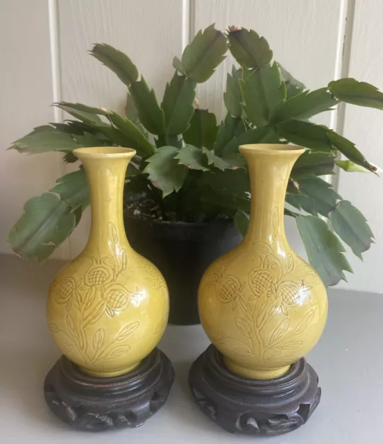 ANTQ Chinese Export Glazed Porcelain Saffron Yellow 5” Vase Pair W Wood Stands