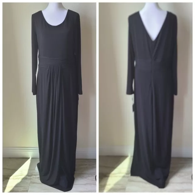 Calvin Klein Maxi Long Dress Size 12 New NWT Lined Waist Ruching Long Sleeves