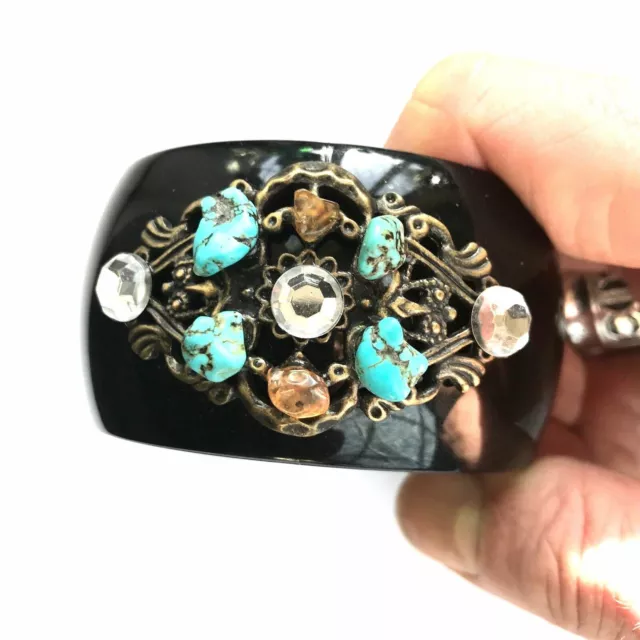 Vintage Czech  Rhinestone Crystal Turquoise Lucite Bangle Bracelet