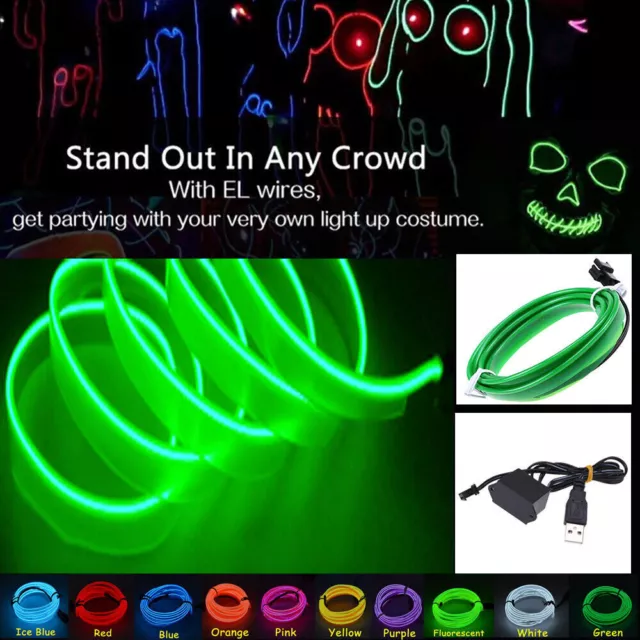 2M Green Flexible EL Wire Neon Glow Light Strip Tape + 5V USB Controller #