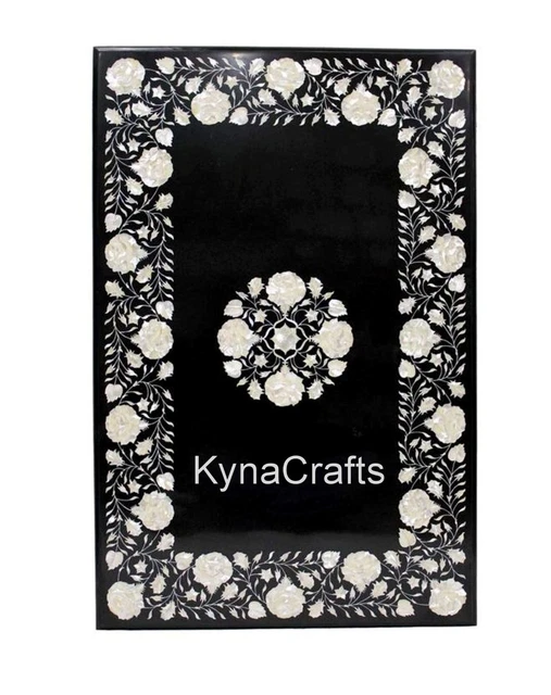 36 x 48 Inches Black Marble Dining Table Top Floral Pattern Inlaid Hallway Table