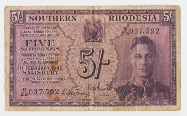 Southern Rhodesia 5 Shillings 1945 P8b King George Sig: Tucker & Beadle aVF