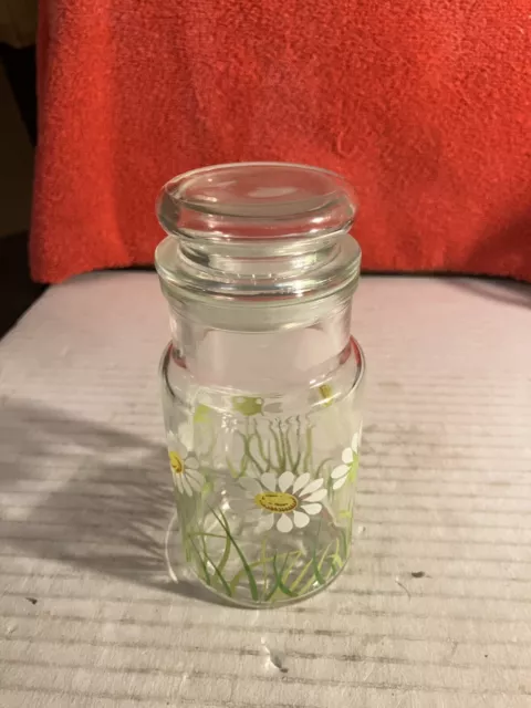Vintage Anchor Hocking Signed HILDI Daisies Glass Jar Canister- 5” Tall w/ Lid D
