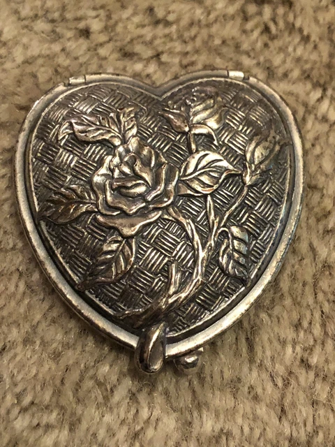 vintage silver reposse heart shaped mirrored compact