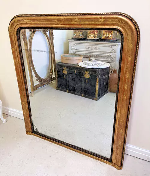 LARGE WIDE FRENCH ANTIQUE LOUIS PHILIPPE STYLE GILDED MIRROR - c.1850s