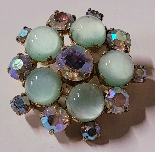 Broche Vintage Chat Avec Cloche Signée Avon - Cristal Bleu, Métal Doré Texturé - Occasion