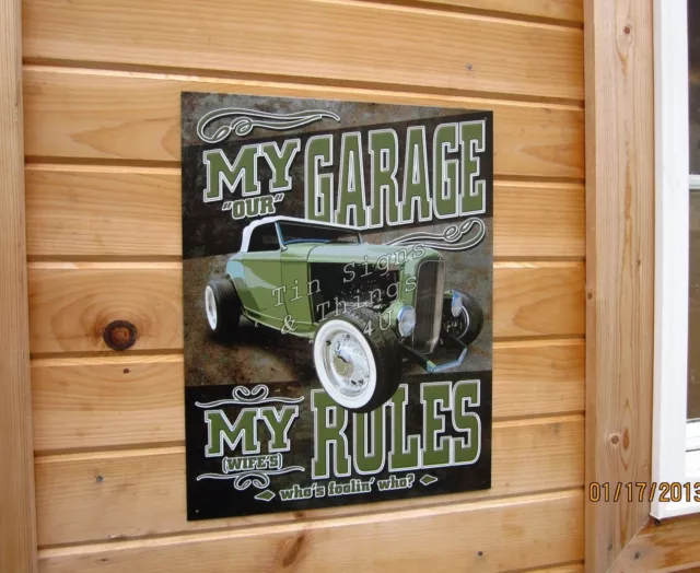 Our Garage my Wife Rules TIN SIGN funny hotrod dad husband bar metal poster 1882 3