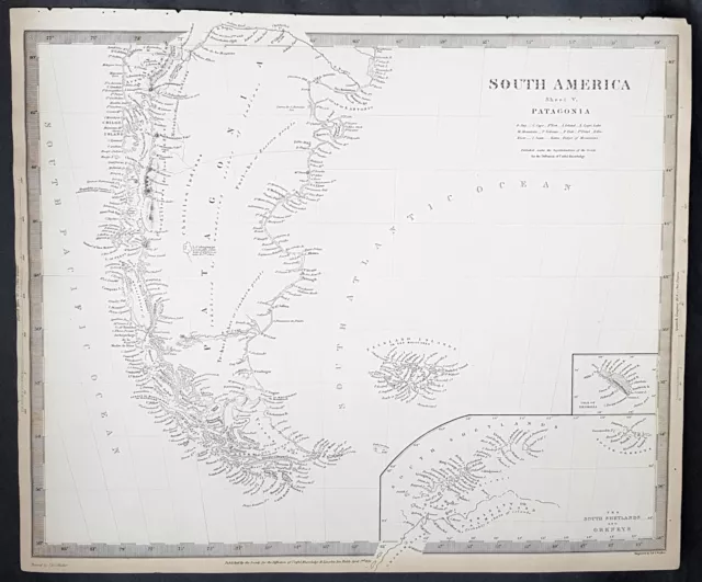 1838 SDUK Large Antique Map of South America Patagonia, Argentina, Falklands