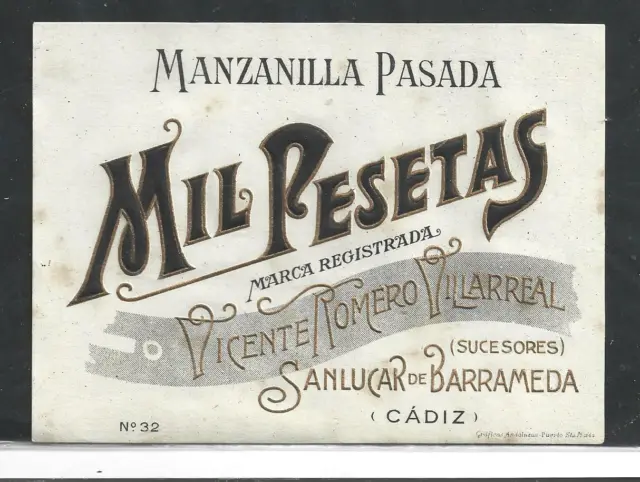 España Etiqueta de Vino Manzanilla Mil Pesetas Sanlúcar de Barrameda (FP-796)
