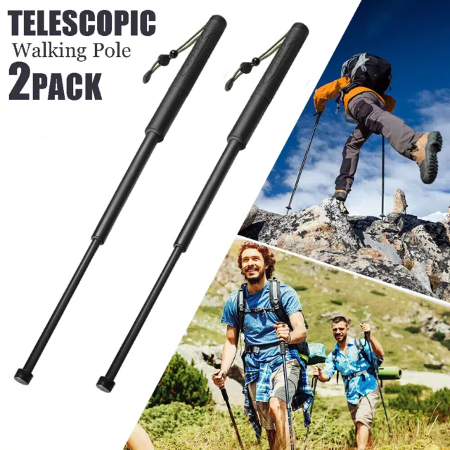 2x Hiking Trekking Poles Walking Stick Adjustable Camping Black Lightweight