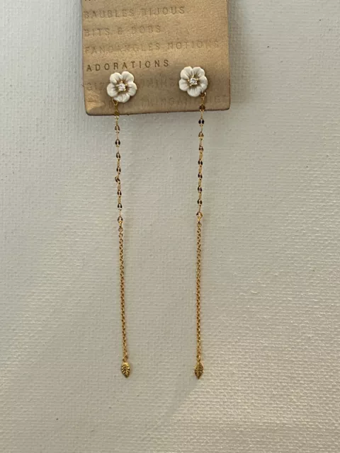 Earrings Delicate Tiny White Flower Gold Chain Anthropologie New Tag $44