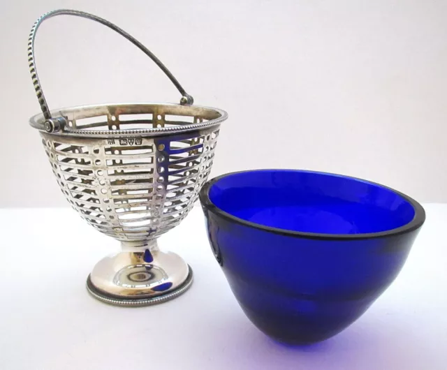 Antique Chester Sterling Silver Sugar Basket Bon Bon Blue Glass Liner Dish Bowl 2