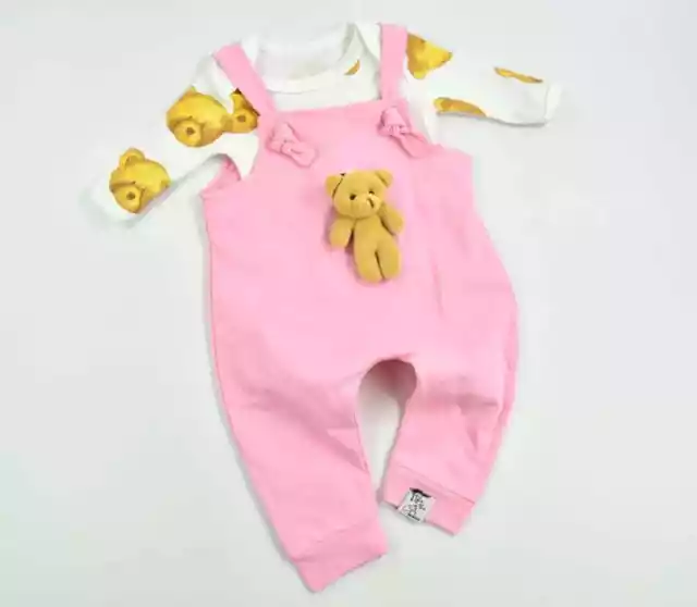 Neu Baby Strampler Latzhose Plüschbär mit Langarmbody 2Tlg. Set Gr. 62 68 74 80 2