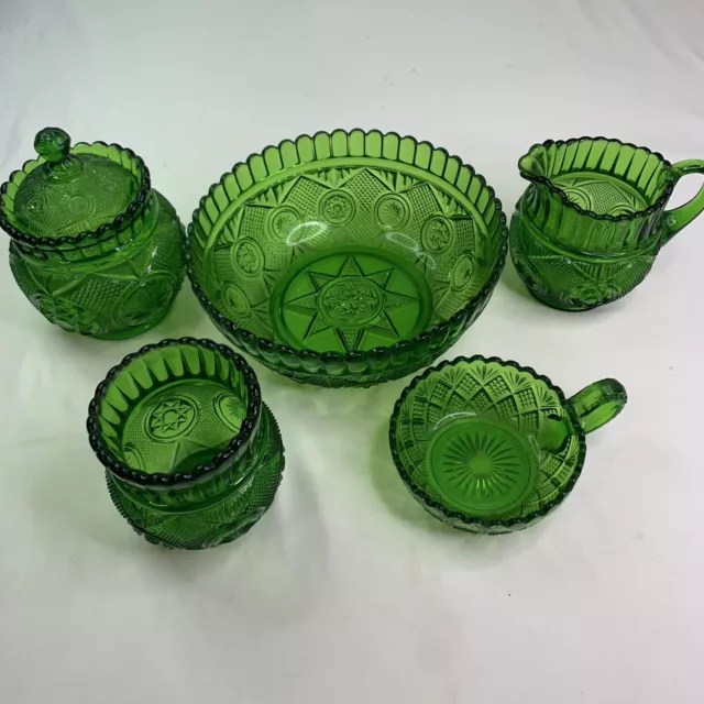 LE Smith Emerald Green Glass Moon & Stars Candy Dish, Pitcher, Bowls - Set Of 5