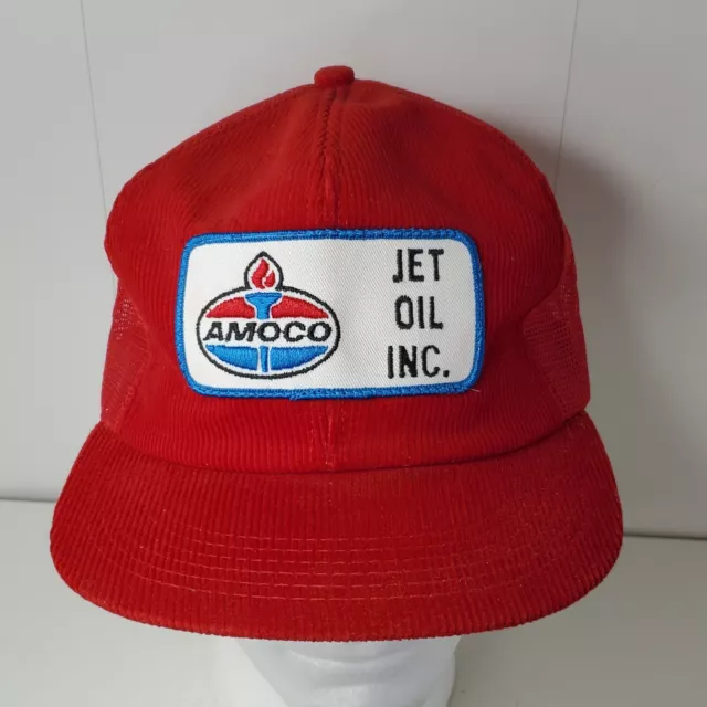 VTG Amoco Jet Oil Inc Logo Patch Corduroy Front Snapback Hat Trucker Cap K Brand