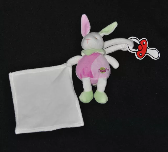 Peluche Doudou Lapin Rose Vert BABY'NAT BABYNAT Blanc Carré Mouchoir TTBE