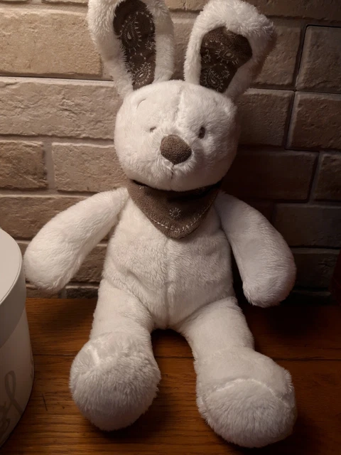 DOUDOU PELUCHE NICOTOY LAPIN BANDANA BLANC MARRON TAUPE 30 cm TTBE