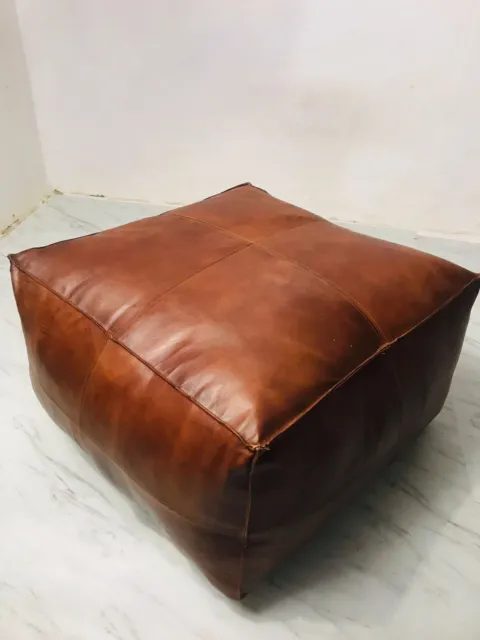 Vintage Pouffe Goat Real Leather Trending Sqaure Unstuffed Brown Genuine