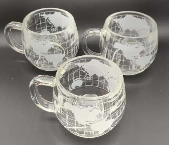 VTG 3 Nestle Nescafé World Globe Mugs Etched & Frosted Glass Coffee Cups