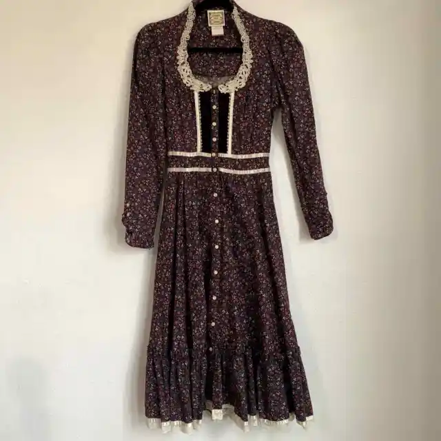 Vintage 70s Gunne Sax Jessica McClintock Brown Calico Lace Velvet Prairie Dress