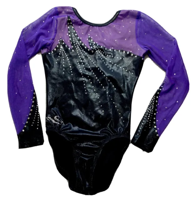 Dreamlight size 10-12 Girls Competition gymnastics leotard Purple black CRYSTALS