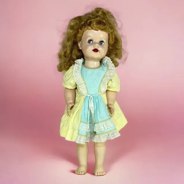 Vintage Ideal Saucy Walker 22” Doll 1950s Hard Plastic Flirty Eyes Yellow Dress