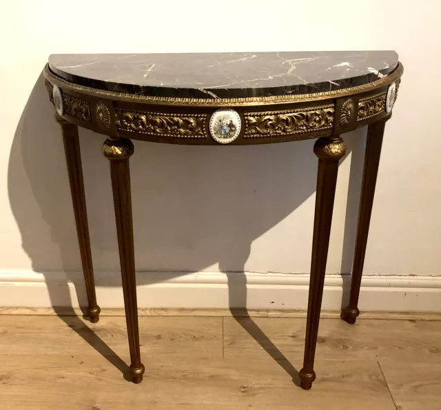 Antique French Gilt Wood Marble Top Demi Lune Console Table