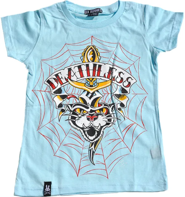 Six Bunnies DEATHLESS Cat T-Shirt Kindershirt Blau Rockabilly