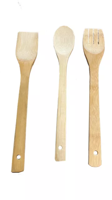 Set 3 mestoli in legno forchetta, spatola, cucchiaio utensili per cucina 28cm