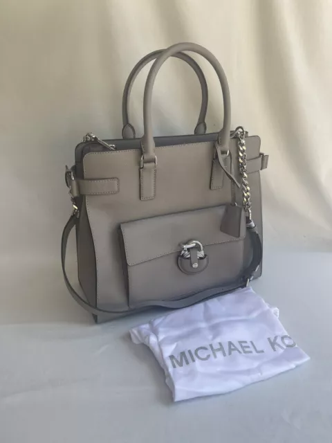 Michael Kors Saffiano Leather Emma Large NS Tote Satchel Bag Pearl Gray $448