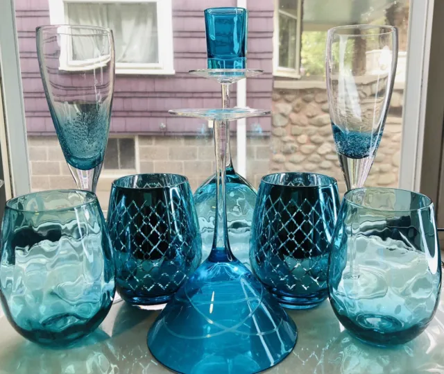 9 Pier 1 Teal Blue Stemless Wine Martini Champagne Flute Shot Glass Curated Set