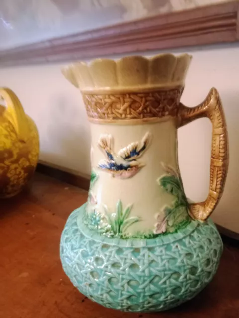 Lovely Majolica  Pitcher With Birds Bamboo Motif Vintage 2