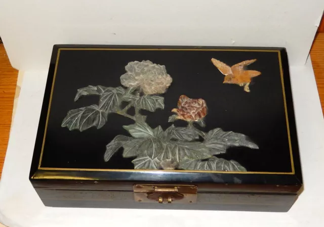 Large Chinese Jade Lacquer Floral Bird Mirror Jewelry Box