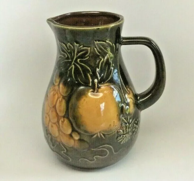 West Germany 479-20 Stoneware Pitcher Mid Century Brown and Yellow Fruit Motif