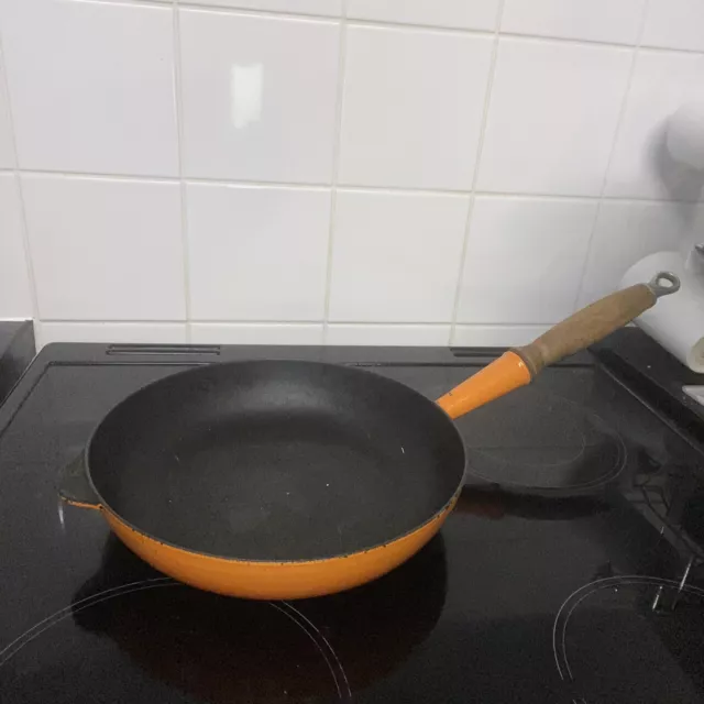 Vintage Cousances 24cm Volcanic Orange Cast Iron Frying Pan with Wooden Handle