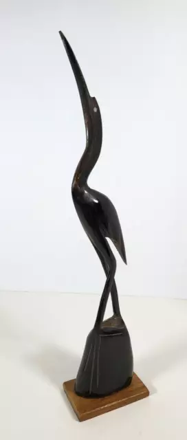 Vintage Hand Carved Black Water Buffalo Horn Heron Crane Bird Figure 14"