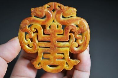 Exquisite Chinese Old Jade Carved *2 Dragon* Pendant Amulet Y6