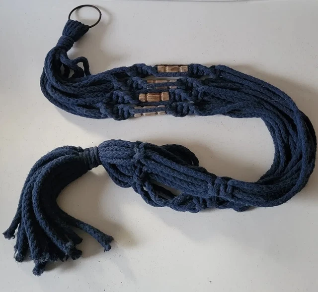 Vintage Navy Blue Wooden Beads Ring Hook Braided Macrame Plant Hanger Holder 48"