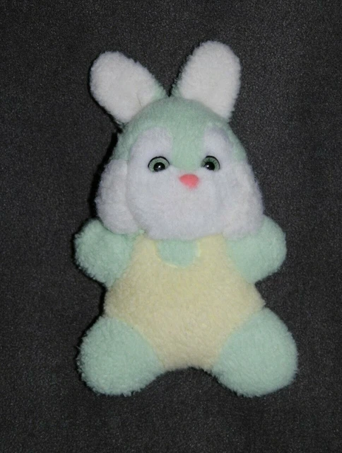 Peluche Doudou Lapin Vert Jaune Blanc  NOUNOURS Nez Rose Yeux Durs Vintage 20 Cm