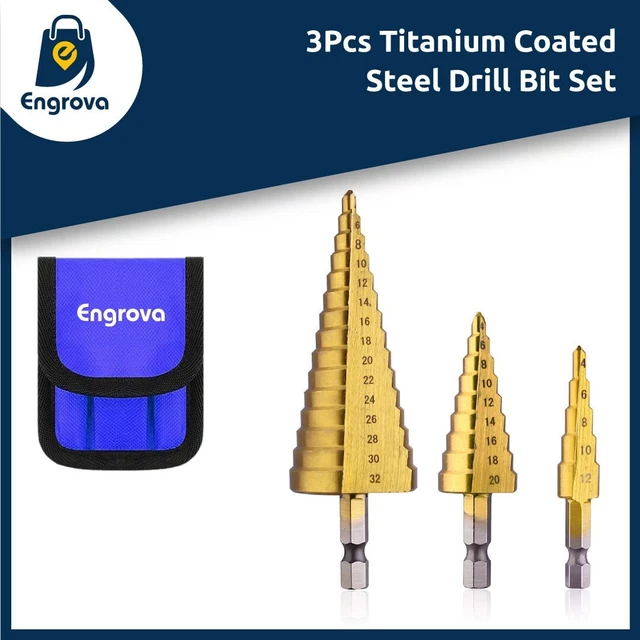 3Pcs Drill Bit Set Titanium Nitride Coated Steel Step Quick Change 1/4 Shank HSS