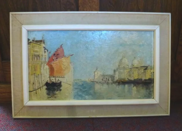 Romantic Vintage Framed Oil Painting Venice Italy Italian Gondolas 1950 1960