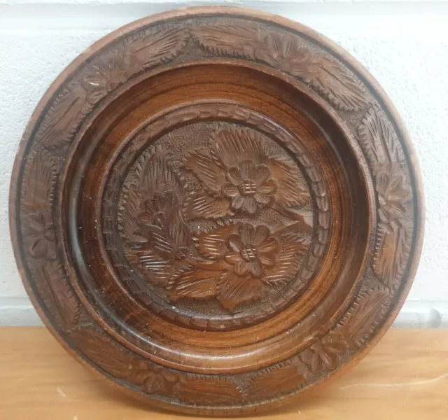 Vintage Wooden Ornate Decorative Wall Hanging Plate with Floral Carved Decor (I)